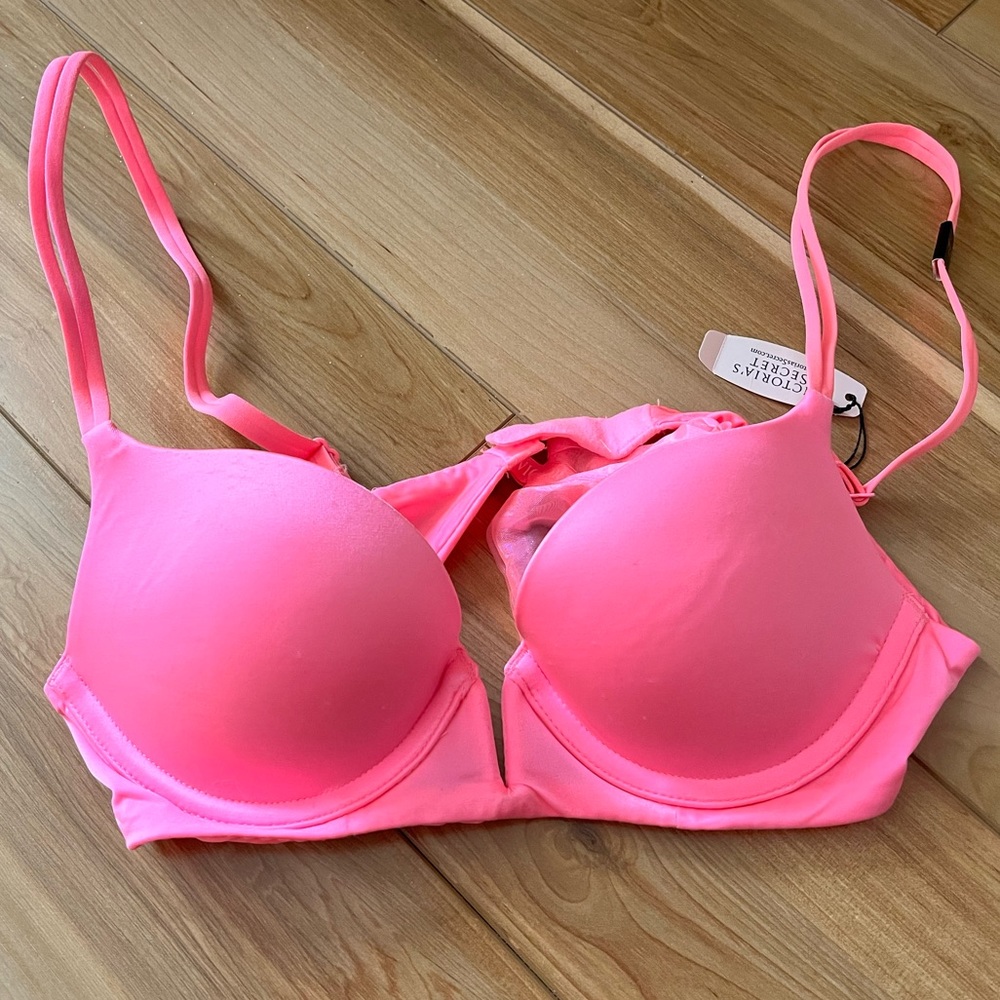 Hot Pink Deep-V Push Up Bra, 32A
